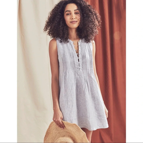Faherty Isha 100% Linen Dress Blue Mini Stripe Pintuck WDS2119-BMT Bestseller - Picture 2 of 10